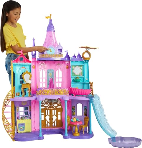Mattel Disney Prinzessin Puppenhaus, Magisches Schloss, 3 Etagen, 10 Spielbereiche, mit Licht und Geräuscheffekten, inkl. 28 Zubehörteilen, Disney Geschenke, Spielzeug ab 3 Jahre, HLW29 von Mattel