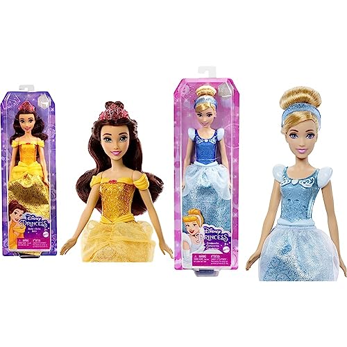 Disney Princess Spielzeug, bewegliche Belle-Modepuppe mit glitzernder Kleidung und Accessoires & Cinderella - Bewegliche Puppe mit glitzerndem Outfit von Disney Princess