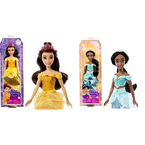 Disney Prinzessin-Spielzeug, bewegliche Belle-Modepuppe mit glitzernder Kleidung und Accessoires & Disney Prinzessin-Spielzeug, bewegliche Jasmin-Modepuppe mit glitzernder Kleidung und Accessoires von Disney Princess