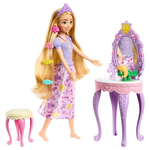 Disney Princess-Spielzeug, Rapunzel-Puppe mit Schminktisch, Pascal-Figur und 10 Zubehörteilen, inspiriert vom Disney-Film, HLX28 von Mattel