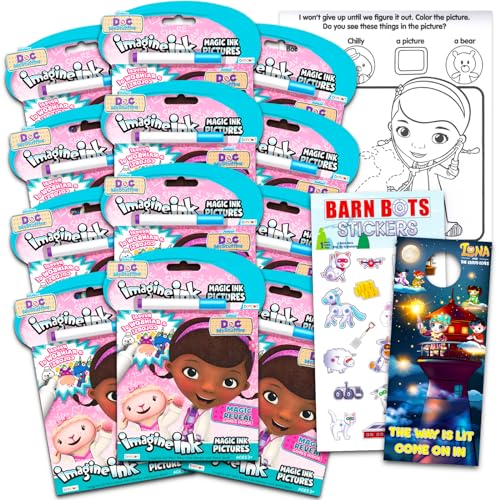 Disney Doc McStuffins Imagine Ink Malbuch-Set für Kinder – Bundle mit 12 No-Mess Magic Ink Junior Doc McStuffins Malbüchern mit Scheunen-Bots-Aufklebern und Türhänger (Partygeschenke) von Disney