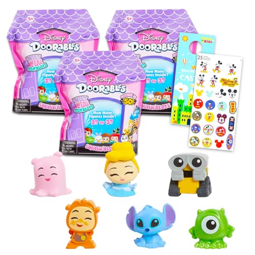 Disney Doorables Blindtaschen-Set – Bündel mit 3 Squish'Alots Minifiguren Serie 1 für Kinder, Erwachsene plus Aufkleber, Disney Doorables Squish'Alots Squishy Minifiguren von Disney