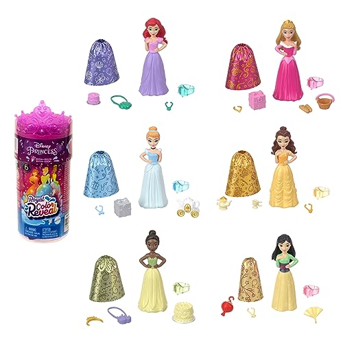 DISNEY PRINZESSIN Color Reveal-Puppen - 6 Überraschungen, Wasseraktiviert, Zubehör, für Kinder ab 3 Jahren, Arielle, Tiana, Mulan, Cinderella, Belle, Aurora, HPX39 von Mattel