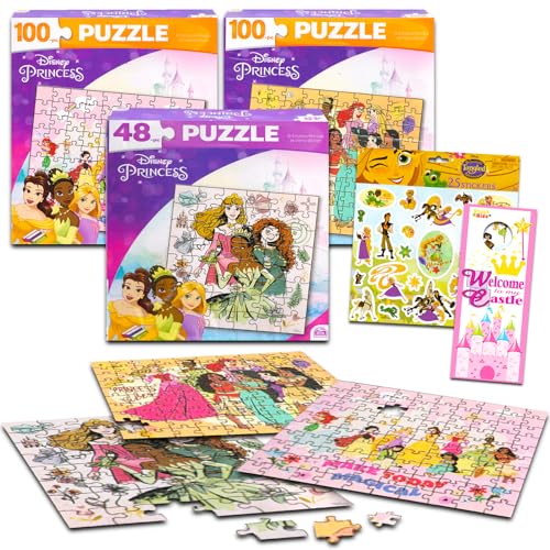 Disney Prinzessin Puzzle für Kinder Bundle Prinzessin Aktivitätsset - 3 Pack Disney Princess Jigsaw Puzzles 48, 100 Teile Puzzles mit Bonus Aufklebern, mehr | Prinzessin Spielzeug für Mädchen von Disney
