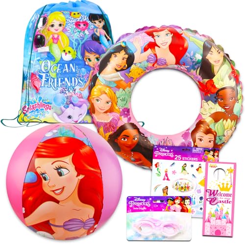 Disney Prinzessinnen-Pool-Spielzeug-Set für Mädchen – Prinzessinnen-Geschenkpaket mit aufblasbarem Schwimmring, Brille, Strandball, Tasche, Sonnenbrille, Aufklebern und mehr | von Disney