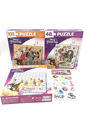 Disney Prinzessinnen-Puzzle, 3 Stück, für Kinder im Alter von 4–8 Jahren – Paket enthält Prinzessinnen-Aufkleber, 1–48 Teile und 2–100 Teile Puzzle – Puzzles für Kinder, Mädchen und Jungen von Disney