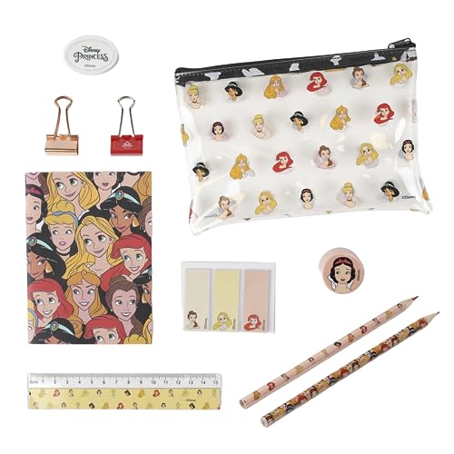 Disney Prinzessinnen Schreibwaren-Set, Inkl Bleistift, Lineal, A6-Notizbuch, Radiergummi, Bleistiftspitzer, Haftnotizen, Clips, Buntstift, Federmäppchen, Schulset von Disney