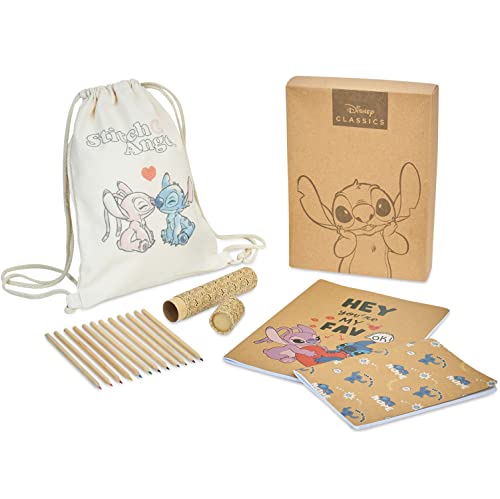 Disney Schreibwaren Set mit Notizbuch aus recyceltem Papier und Farbstifte Stitch von Disney