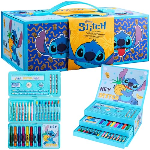 Disney Stitch Marker & Farbkasten Set, Zeichen- und Malset, 34-Teiliges Kunstset für Kinder mit Notizblock & Schreibwaren (Blau Stitch) von Disney