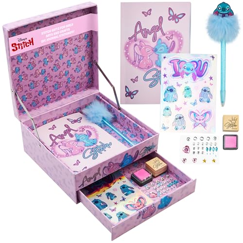 Disney Tagebuch Mädchen Set Notizbuch Kinder zum Selbstgestalten Scrapbook Zubehör Stifte Sticker Geschenke für Mädchen (Rosa Stitch) von Disney