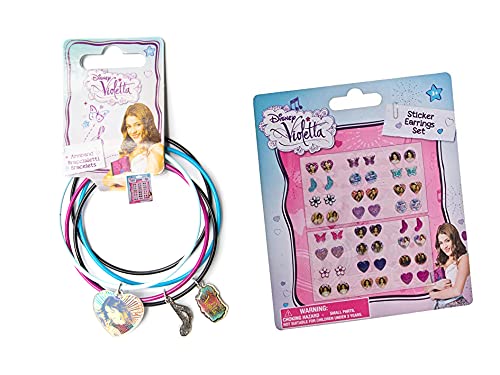 Disney Violetta 117006+117037 - Sticker-Ohrringe, 24 Stück, 11 x 12.5 cm und 5 Metallarmbänder mit 3 Anhängern, 7 cm von Disney