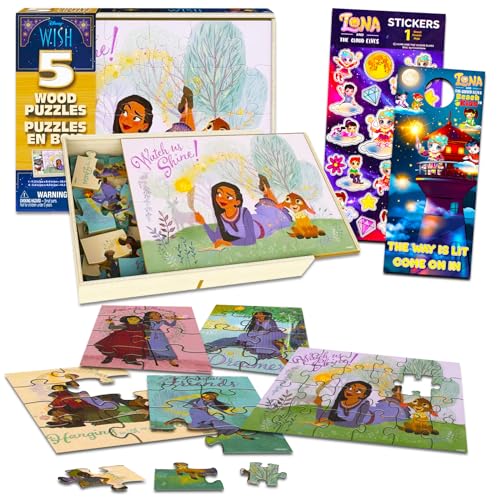 Disney Wish Holzpuzzle, 5 Stück, Bündel mit 5 Disney Wish Holzpuzzles in Haltetablett, Wunschpuzzles für Kinder plus Aufkleber und mehr, Kinder Disney Wish Puzzle von Disney