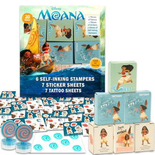 Vaiana-Partygeschenke für 20 Gäste, 20 Stück, Vaiana-Geschenkboxen mit Aufklebern, Tattoos und Stempeln für Kindergeburtstag, Vaiana-Partyzubehör und Dekorationen, Kombi-Pack von Disney