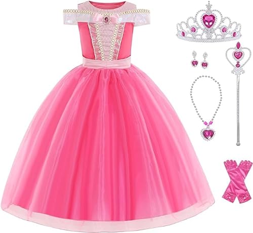 Disnnie Mädchen Belle Aurora Kleid Kostüm -Schlafende Prinzessin Fancy Dress Up Party Kostüme Kleider mit Krone Wand Ohrringe Halskette Ring Bow Sleeves für Mädchen 2-9 Jahre von Disnnie