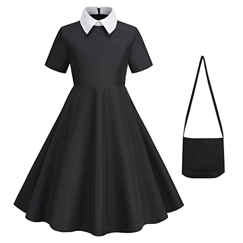 Disnnie Mittwoch Kostüm Schwarzes Kleid für Mädchen Gothic Cosplay Kinder Dress Up Mittwoch Mesh Flare Kleid für Halloween Cosplay Party von Disnnie