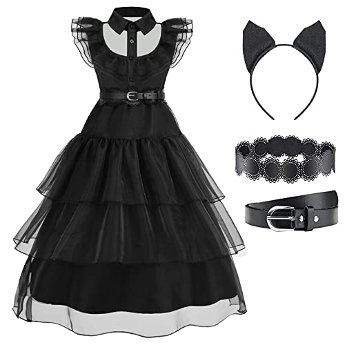 Disnnie Mittwoch Kostüm Schwarzes Kleid für Mädchen Gothic Cosplay Kinder Dress Up Mittwoch Mesh Flare Kleid für Halloween Cosplay Party von Disnnie