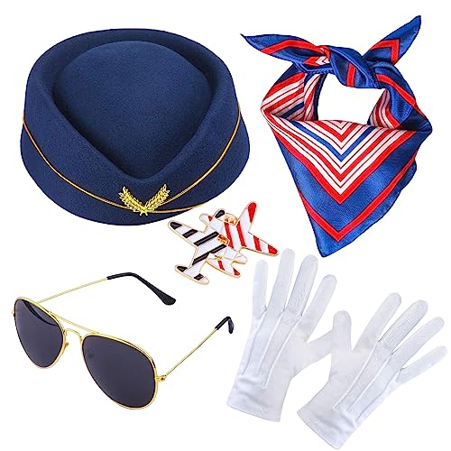 Ditanpu Damen Stewardess Kostümzubehör: Hut, Schal, Handschuhe, Sonnenbrille, Flugzeugbrosche - Blue, Red, White, Gold - Für Damen, Cosplay-Enthusiasten, Flugbegleiterinnen Ditanpu Damen Stewardess Kostümzubehör: Hut, Schal, Handschuhe, Sonnenbrille, Flugzeugbrosche - Blue, Red, White, Gold - Für Damen, Cosplay-Enthusiasten, Flugbegleiterinnen von Ditanpu