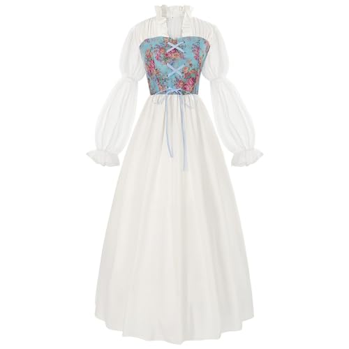 Diudiul Damen Halloween Kostüme Mittelalterliche Vintage Kleider und Renaissance Retro Kleid (Blau und Weiß, XL) von Diudiul