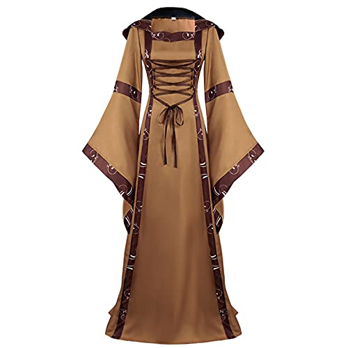 Diudiul Damen Kapuzen Vintage Mittelalter Renaissance Viktorianische Kostüme Gothic High Waist Kleid Kleid (brown,S) von Diudiul