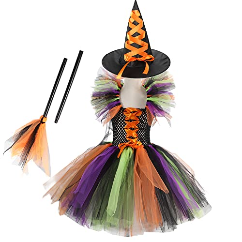 Diudiul Kinder Hexenkostüm Halloween Deluxe Set mit Hut und Besen (Orange,140) von Diudiul