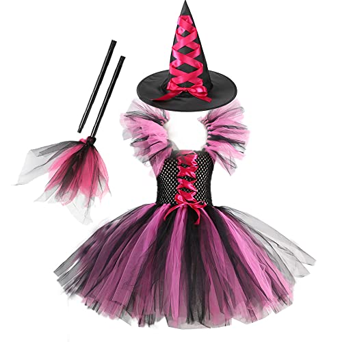 Diudiul Kinder Hexenkostüm Halloween Deluxe Set mit Hut und Besen (rosa,110) von Diudiul
