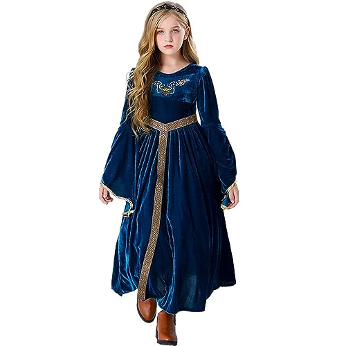 Diudiul Mädchen Mittelalter Renaissance Prinzessin Kleider Kind Halloween Kostüme (Blau,130CM) von Diudiul