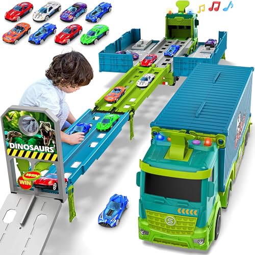 Carrier Truck Race Track Faltbares 3-lagiges Spielzeug für Kleinkinder, Dinosaurier Spielzeug für LKW-Transport und 8 Rennautos, Spielzeuggeschenk für Kinder von 3 4 5 6 Jahren von Diuerma