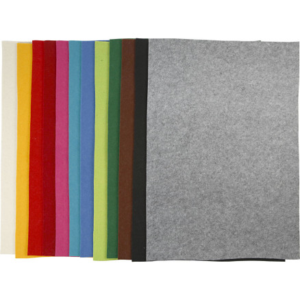 Bastelfilz, Blatt 42x60 cm, Dicke 3 mm, Sortierte Farben, 12 Bl. sort./ 1 Pck von Diverse