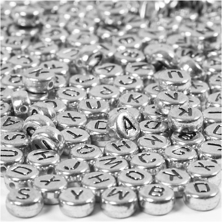 Buchstabenperlen, Durchm. 7 mm, Lochgröße 1,2 mm, silber, 21g/ 1 Pk. von Diverse