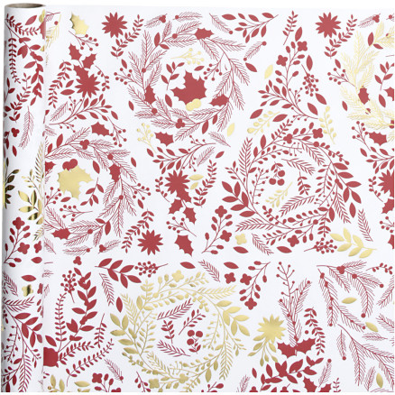 Geschenkpapier, Weihnachtsbäume, B 50 cm, 80 g, Gold, Rot, Weiß, 3 m/ 1 Rolle von Diverse