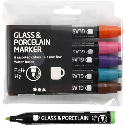 Glas-/Porzellanmarker, Strichstärke 1-3 mm, Halbdeckend, Zusätzliche Farben, 6 Stk/ 1 Pck von Diverse