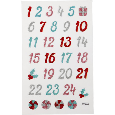Glitzersticker, Kalenderzahlen, Blatt 10x16 cm, 1 Blatt Glitzersticker, Kalenderzahlen, Blatt 10x16 cm, 1 Blatt von Diverse
