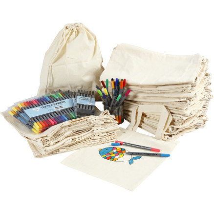 Henkel-Stofftaschen und Zugband-Stoffbeutel mit Filzstiften zum Bemalen, Größe 27,5x30 cm, Sortierte Farben, 1 Set von Diverse