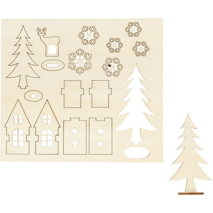 Holzfigur zur Selbstmontage, Haus, Baum, Hirsch, L: 15,5 cm, B: 17 cm, Stärke 3 mm, 1 Pk. von Diverse