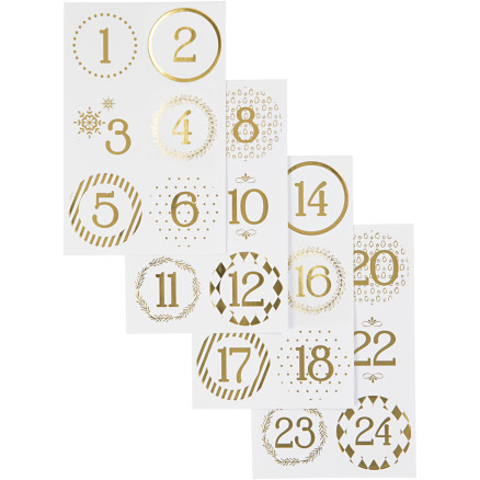 Kalenderzahlen, diam. 40 mm, Blatt 9x14 cm, gold, weiß, 4 Blatt/ 1 Pk. Kalenderzahlen, diam. 40 mm, Blatt 9x14 cm, gold, weiß, 4 Blatt/ 1 Pk. von Diverse