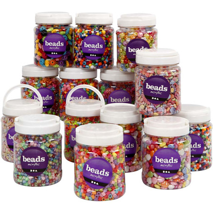 Kunststoffperlen, Größe 6-15 mm, Lochgröße 1,5-6 mm, Sortierte Farben, 16x700 ml/ 1 Pck von Diverse