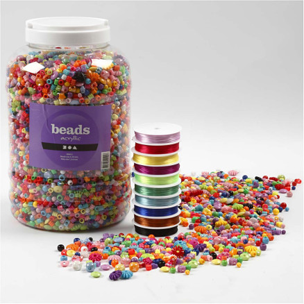 Kunststoffperlen und Elastisches Schmuckband, Größe 6-20 mm, Lochgröße 1,5-6 mm, 1 Pck von Diverse