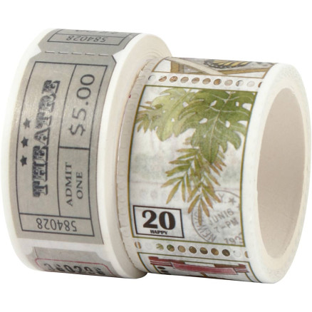 Washi Tape, Ticket- und Naturmotive, L 3+5 M, B 20+25 mm, 2 Rolle/ 1 Pck von Diverse