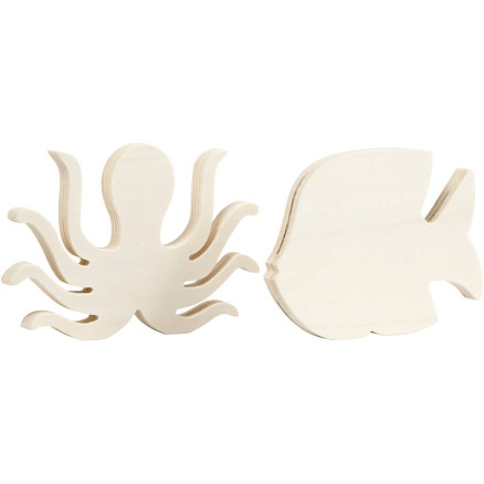 Meerestier-Figuren, Krake und Fisch, H 11 cm, B 16 cm, Dicke 1,2 cm, 2 Stk/ 1 Pck von Diverse