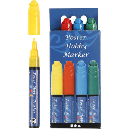 Poster Hobby Marker, Strichstärke 3 mm, Blau, Grün, Rot, Gelb, 4 Stk/ 1 Pck von Diverse
