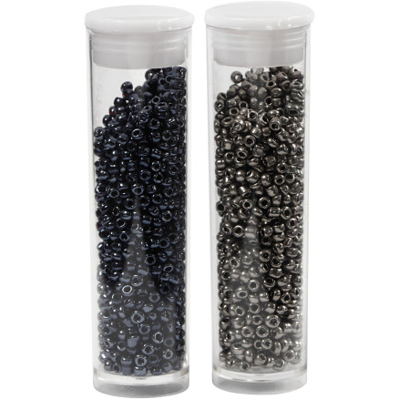 Rocai-Perlen, Durchm. 1,7 mm, Größe 15/0, Lochgröße 0,5-0,8 mm, schwarz, dunkelgrau metallic, 2x7g/ 1 Pk. von Diverse