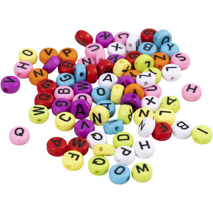 Runde Buchstabenperlen, Durchm. 7 mm, Lochgröße 1-2 mm, versch. Farben, 25g/ 1 Pk. von Diverse