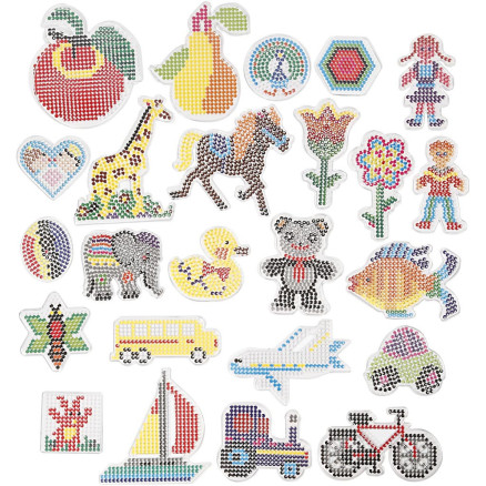 Steckplatte, Geometrische Figuren, Tiere, Kinder/Blumen und Verkehr, Größe 7x7,5-14x16 cm, medium, Transparent, 4x10 Pck/ 1 Pck von Diverse
