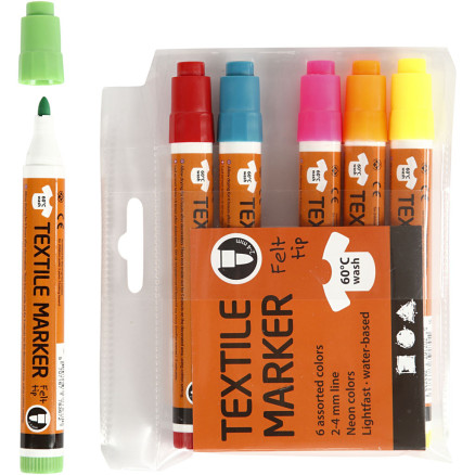 Stoffmalstifte, Strichstärke 2-4 mm, Neonfarben, 6 Stk/ 1 Pck von Diverse