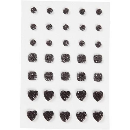Strassstein, rund, quadratisch, Herz, Größe 6+8+10 mm, schwarz, 35 Stück / 1 Pk. Strassstein, rund, quadratisch, Herz, Größe 6+8+10 mm, schwarz, 35 Stück / 1 Pk. von Diverse