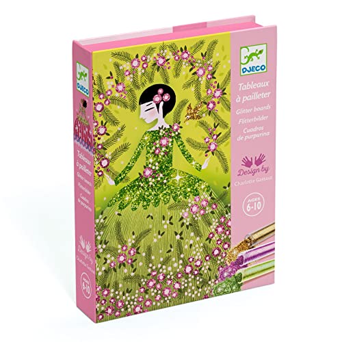 DJECO Glitzertafel-Set – 6 bis 10 Jahre – Design Kleider, regt die Kreativität an – Aktivität ohne Unordnung – enthält 4 Karten, 6 Farben, 1 Box, 1 Pinsel und 1 Anleitung von Djeco