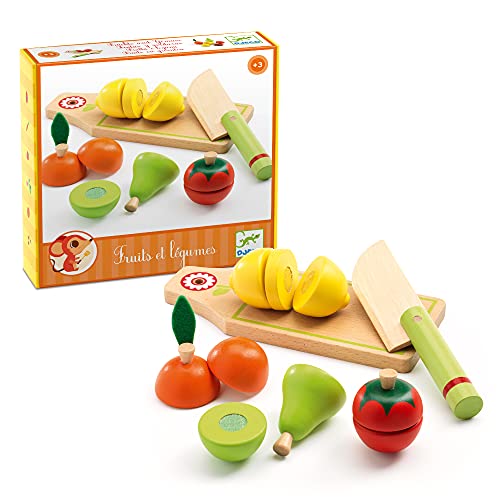 Djeco DJ06526 Holzspielzeug Schneidbrett mit Messer, Obst und Gemüse, Multicolour von Djeco