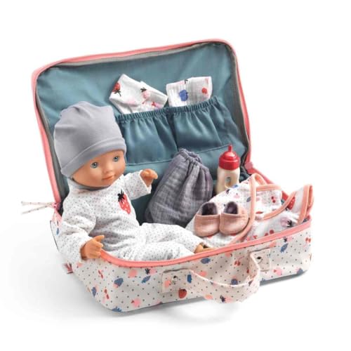 Djeco Puppe Vanille im Koffer | POMEA Babypuppe 32 cm mit Zubehör, weicher Körper, Schlafaugen, Kleidung & Accessoires | ab 18 Monate, Puppenset für unterwegs von Djeco