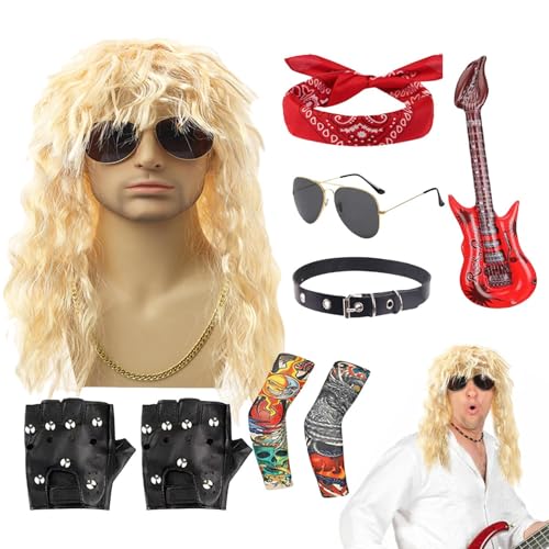 Djowyh Herren Rocker Kostüm, Metal Cosplay Kostüm, Punk Style Outfit mit Sonnenbrille Perücke für Outdoor Partys Strandurlaub Musikfestivals Bühnenauftritte Halloween Veranstaltungen von Djowyh