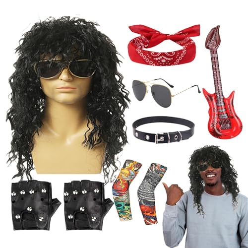 Djowyh Herren Rocker Kostüm | Metal Disco Hippie Kleidung | Perücke Sonnenbrille Set Punk Stil für Bühne Festival Halloween Unisex von Djowyh